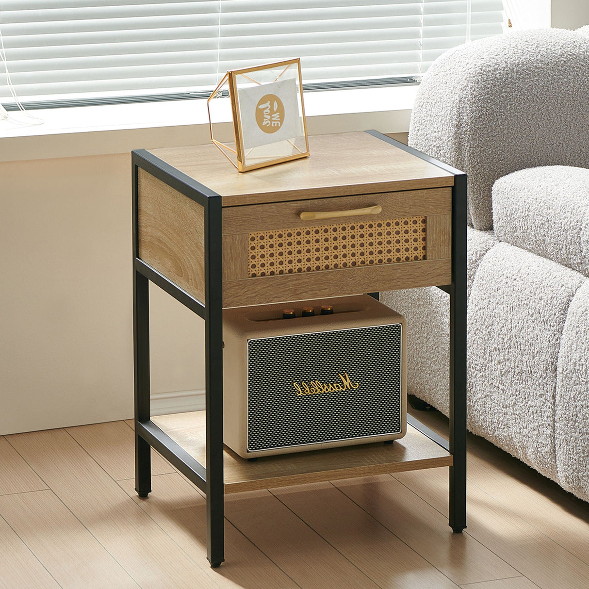 15.74" Rattan End Table With Drawer, Modern Nightstand, Metal Legs, Side Table For Living Room, Bedroom by Couch.com