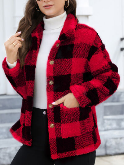 Beautiful Red Women Drop Shoulder Fuzzy Button-Up Jacket Soft And Comfortable Casual Fit Jacket