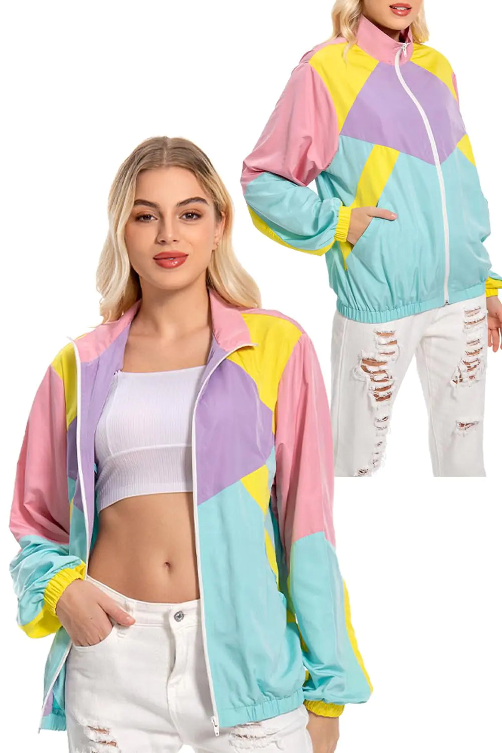 MASSWO Women 80s Sportswear Set Colorblock Sweat Suit Retro Tracksuit Jacket Hip Hop Windbreaker Rave Track Suit