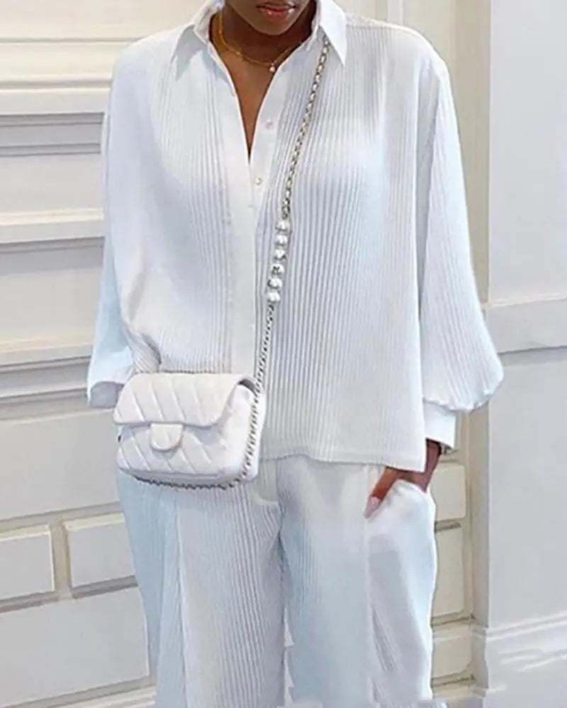 New Women's Wrinkle-Effect Long Sleeve Shirt Set