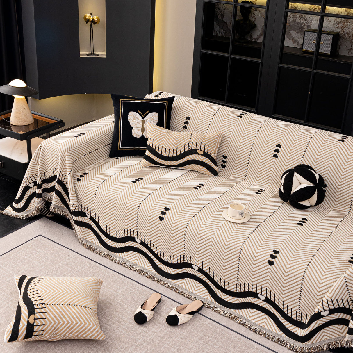 Chenille Sofa Throw Cover, Textured Chevron Decorative Couch Blanket for Living Room