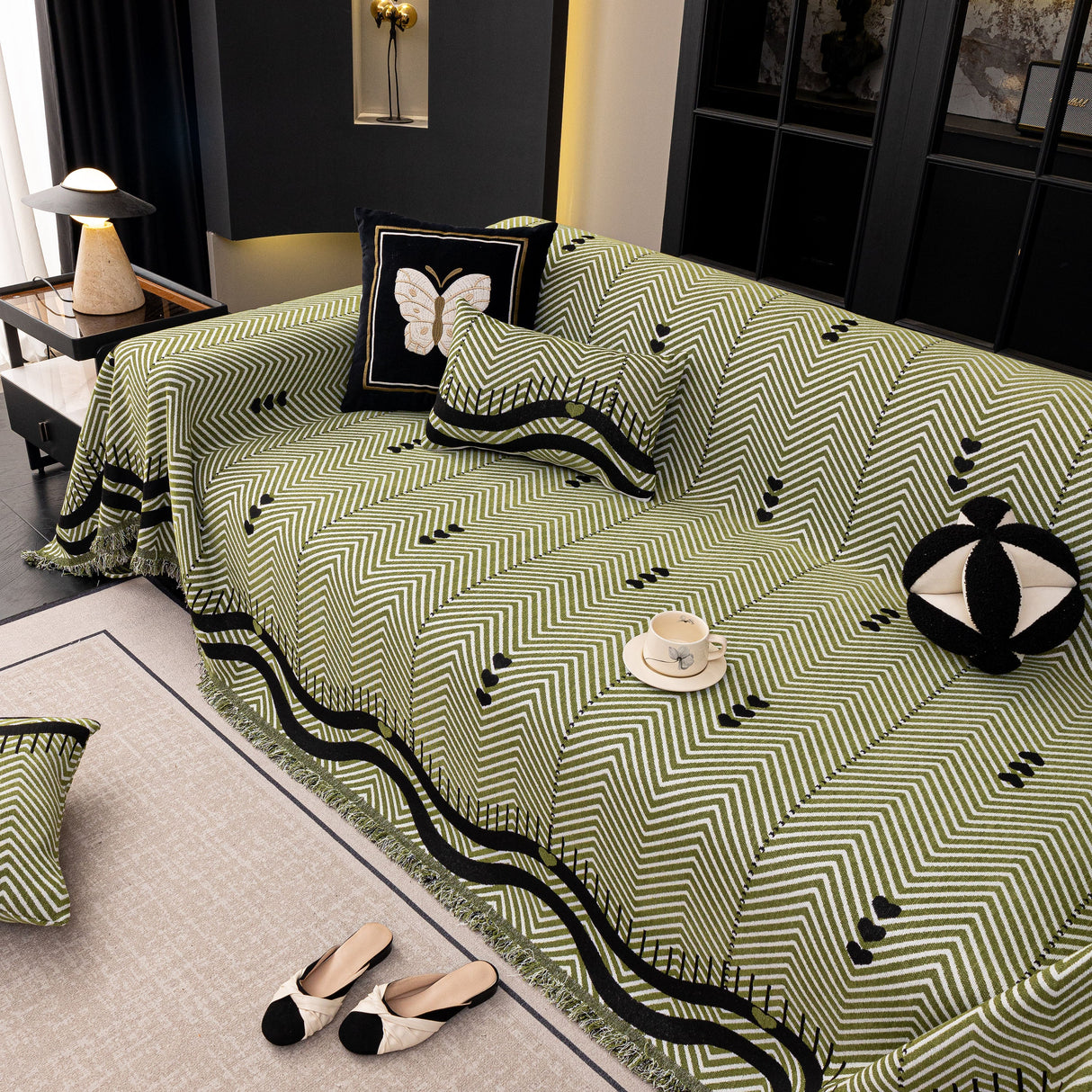 Chenille Sofa Throw Cover, Textured Chevron Decorative Couch Blanket for Living Room