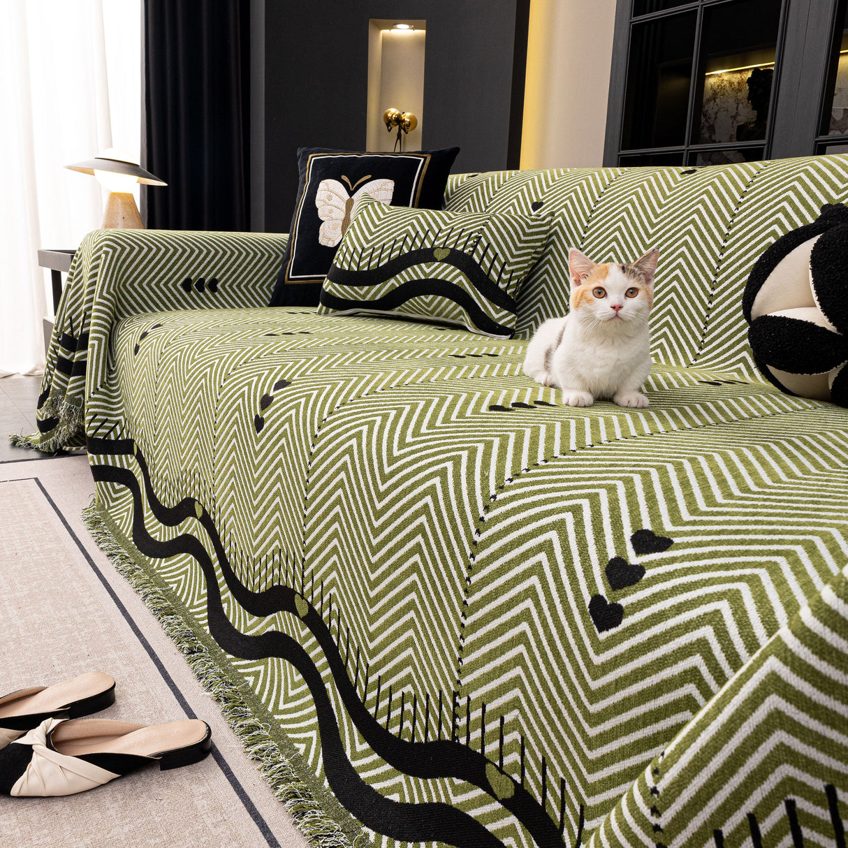 Chenille Sofa Throw Cover, Textured Chevron Decorative Couch Blanket for Living Room