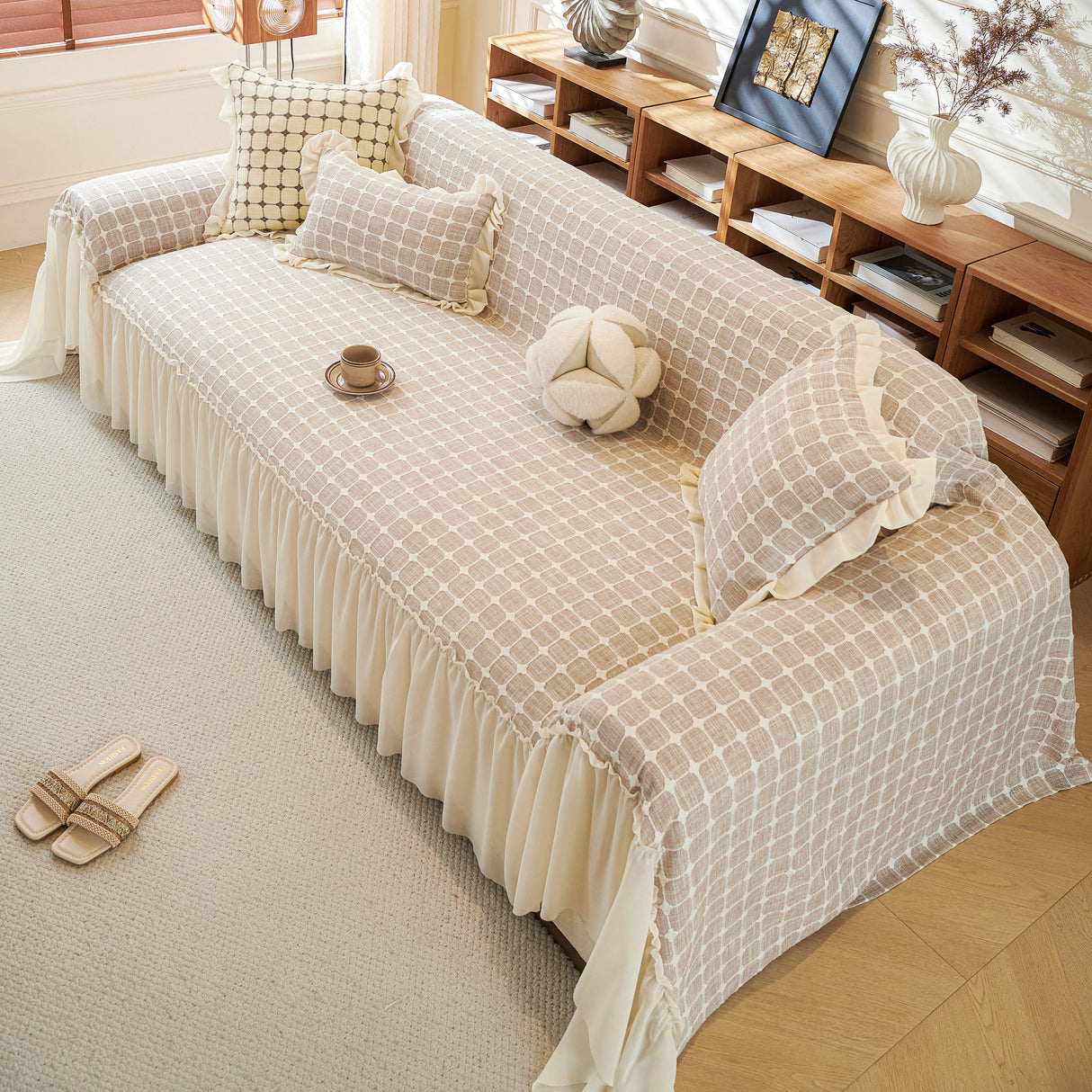 Grid Textured Sofa Cover with Sheer Ruffle Skirt, Pet-Friendly Sofa Throw Slipcover