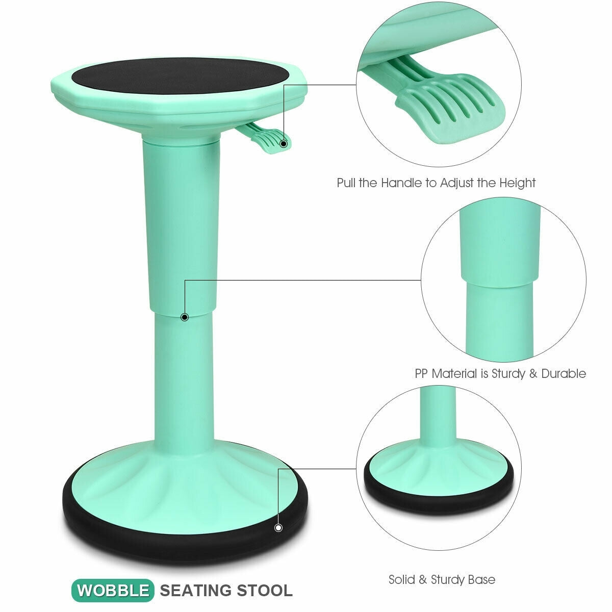 Adjustable Active Learning Stool Sitting Home Office Wobble Chair with Cushion Seat -Black