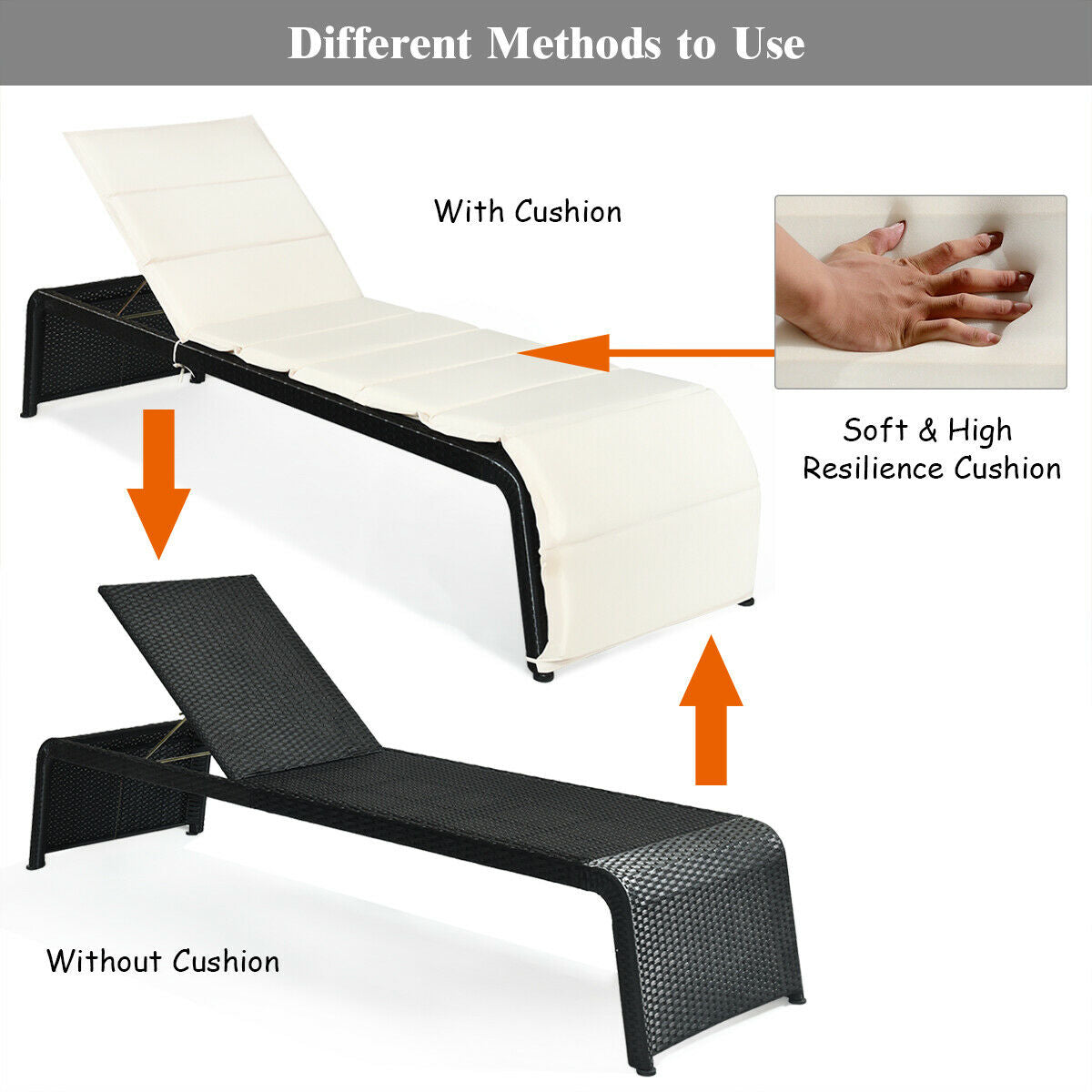 Patio Rattan Lounge Chair Back Adjustable Chaise Recliner with Cushioned-White