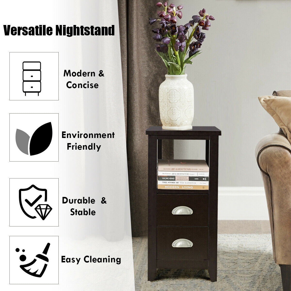 Set of 2 End Table Wooden with 2 Drawer & Shelf Bedside Table-Brown