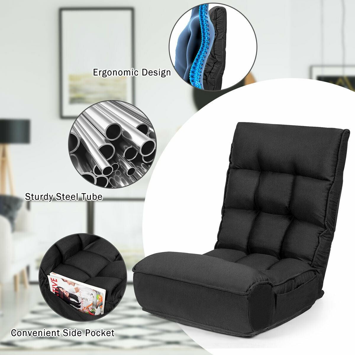 4-Position Adjustable Floor Chair Folding Lazy Sofa-Gray
