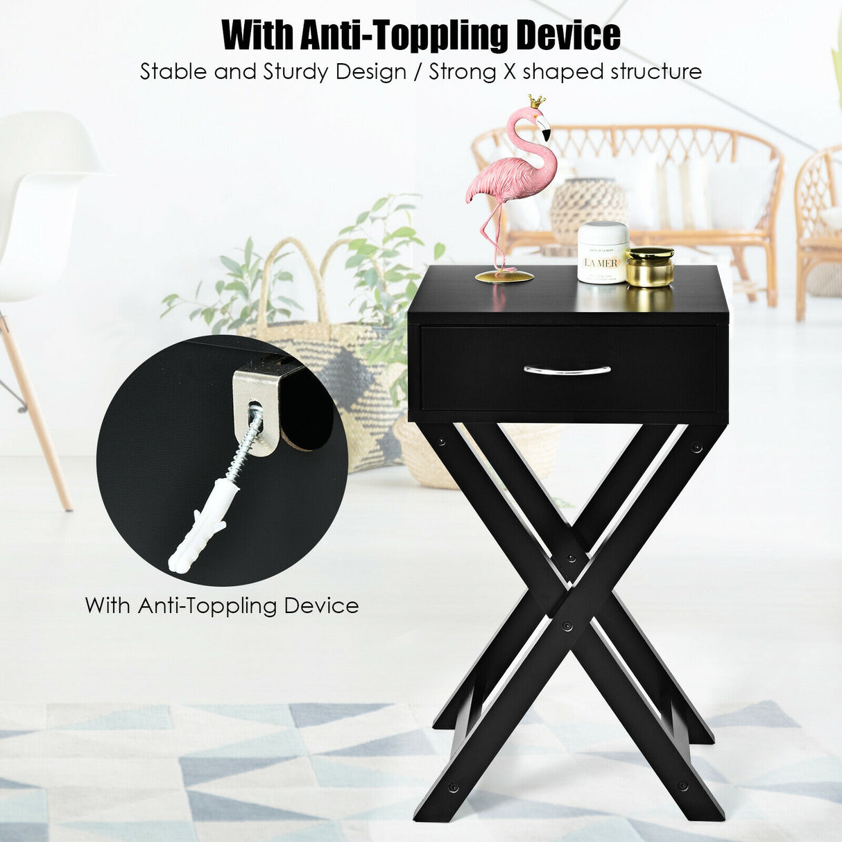 Design Sofa Side Table with X-Shape Drawer for Living Room Bedroom-White