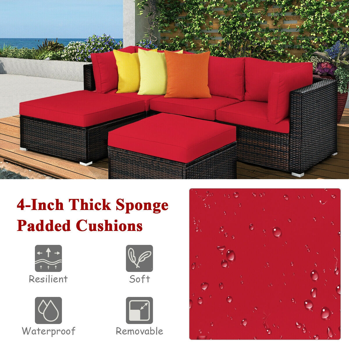 5 Pieces Patio Rattan Sectional Conversation Ottoman Furniture Set-Blue