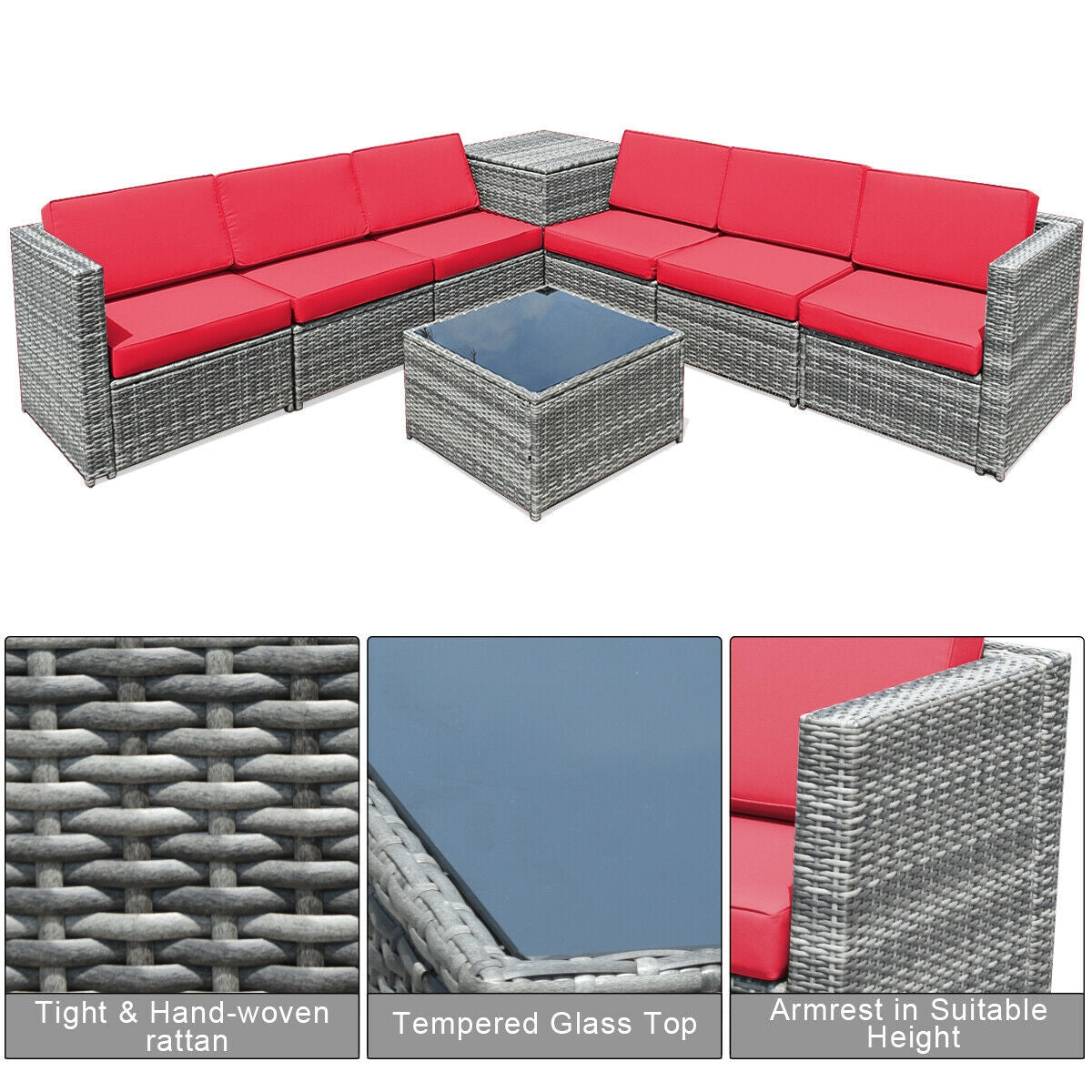 8 Pieces Wicker Sofa Rattan Dining Set Patio Furniture with Storage Table-Gray