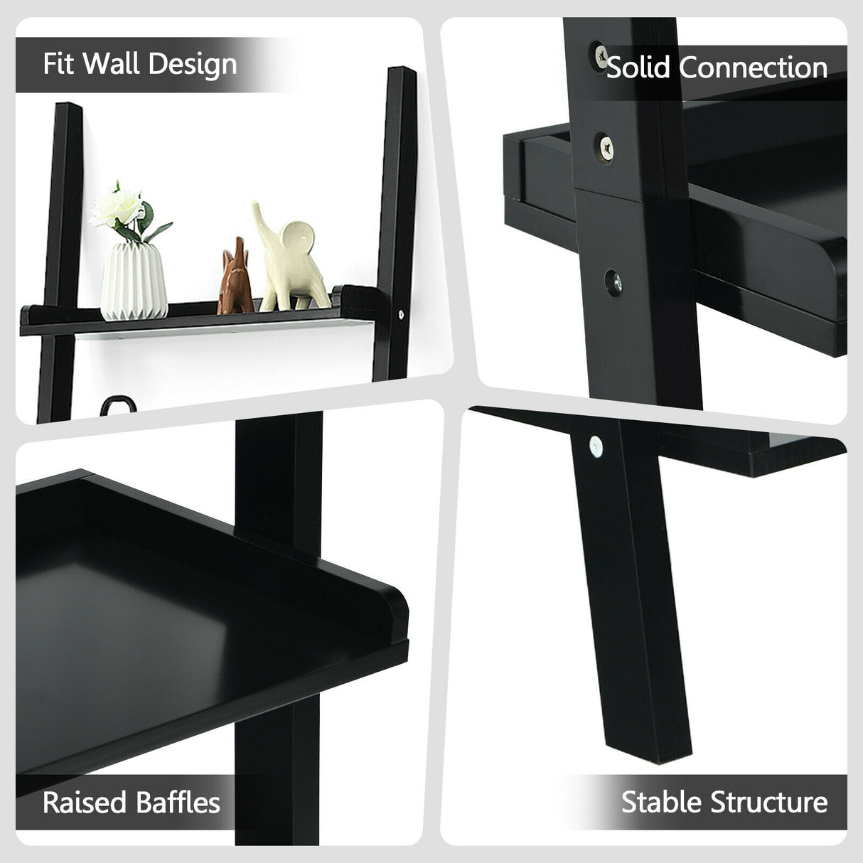 5-Tier Wall-leaning Ladder Shelf Display Rack for Plants and Books-White