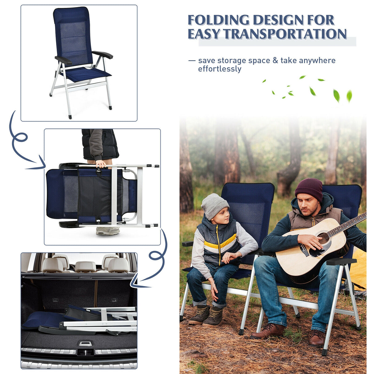 2Pcs Patio Dining Chair with Adjust Portable Headrest-Blue