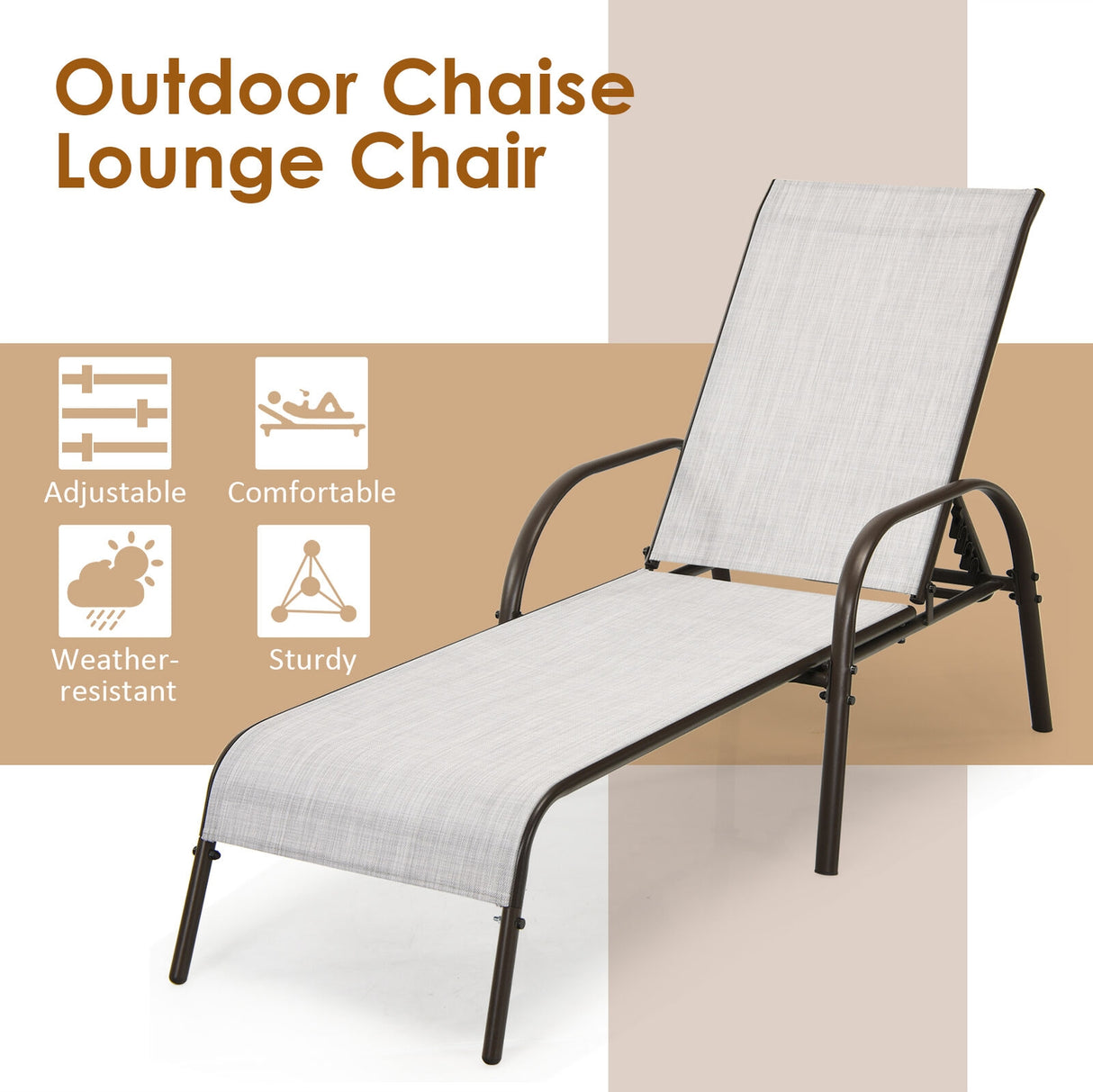 2 Pcs Outdoor Patio Lounge Chair Chaise Fabric with Adjustable Reclining Armrest