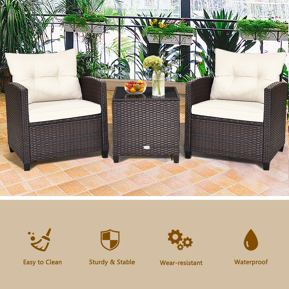 3 Pcs Patio Rattan Furniture Set Cushioned Conversation Set Coffee Table-Beige