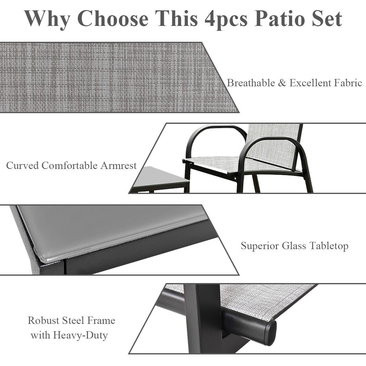 4 Pieces Patio Furniture Set with Glass Top Coffee Table-Black