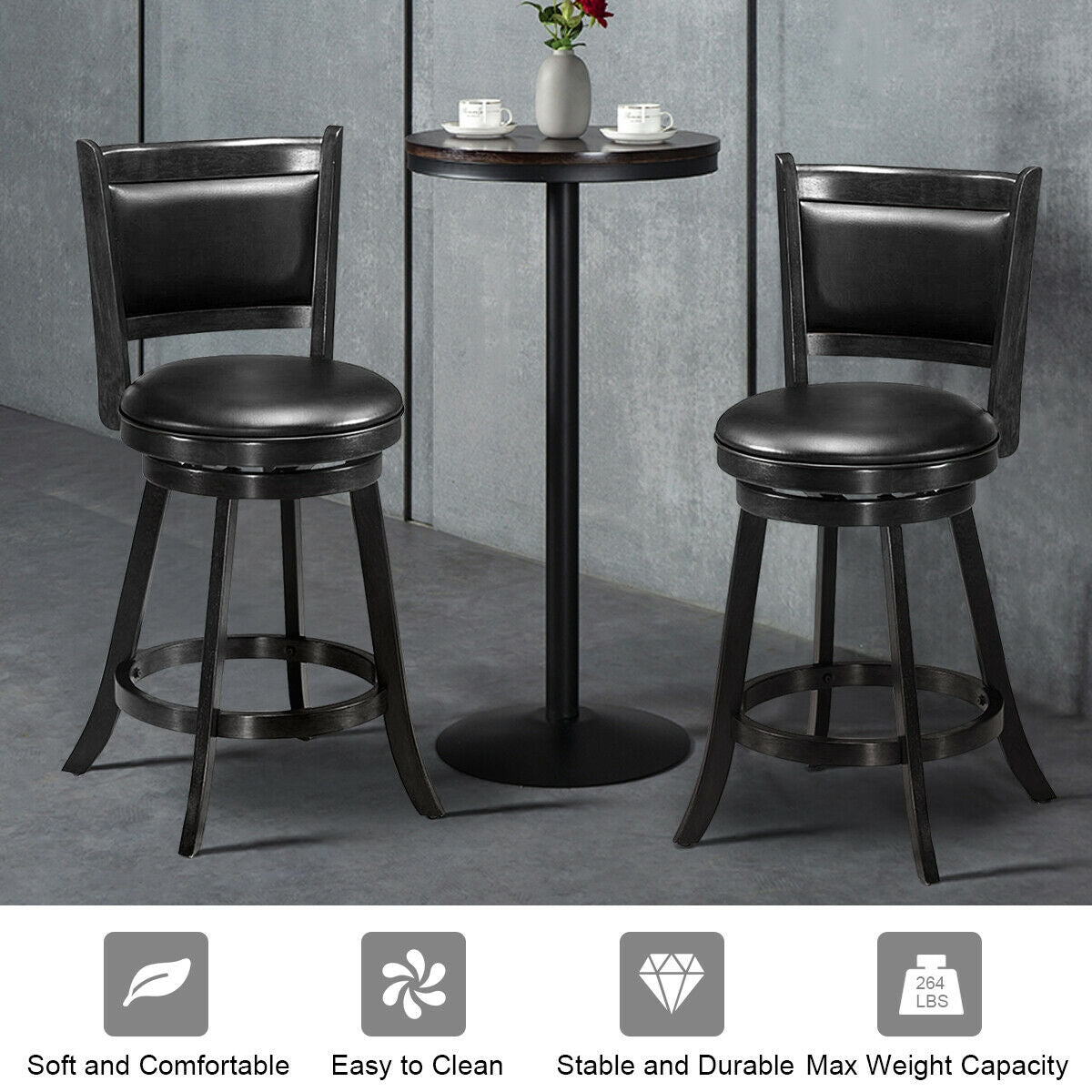 2 Pieces 24 Inch Swivel Counter Stool Dining Chair Upholstered Seat-Brown