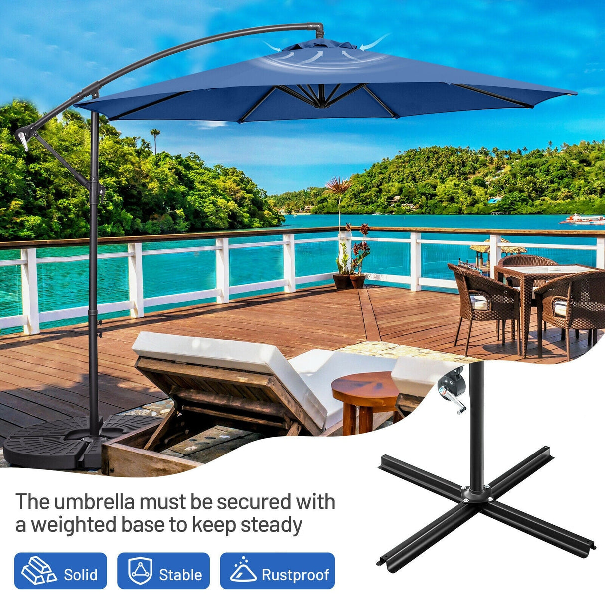 10 Feet Offset Umbrella with 8 Ribs Cantilever and Cross Base-Blue by DirectDeals