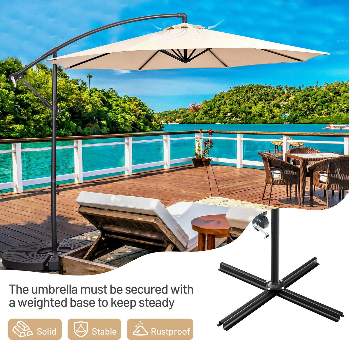 10 Feet Offset Umbrella with 8 Ribs Cantilever and Cross Base-Brown
