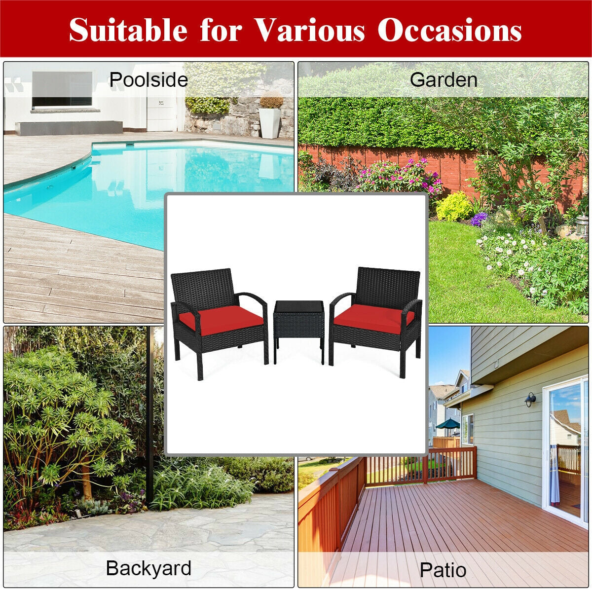 3 Pieces Outdoor Rattan Patio Conversation Set with Seat Cushions-White