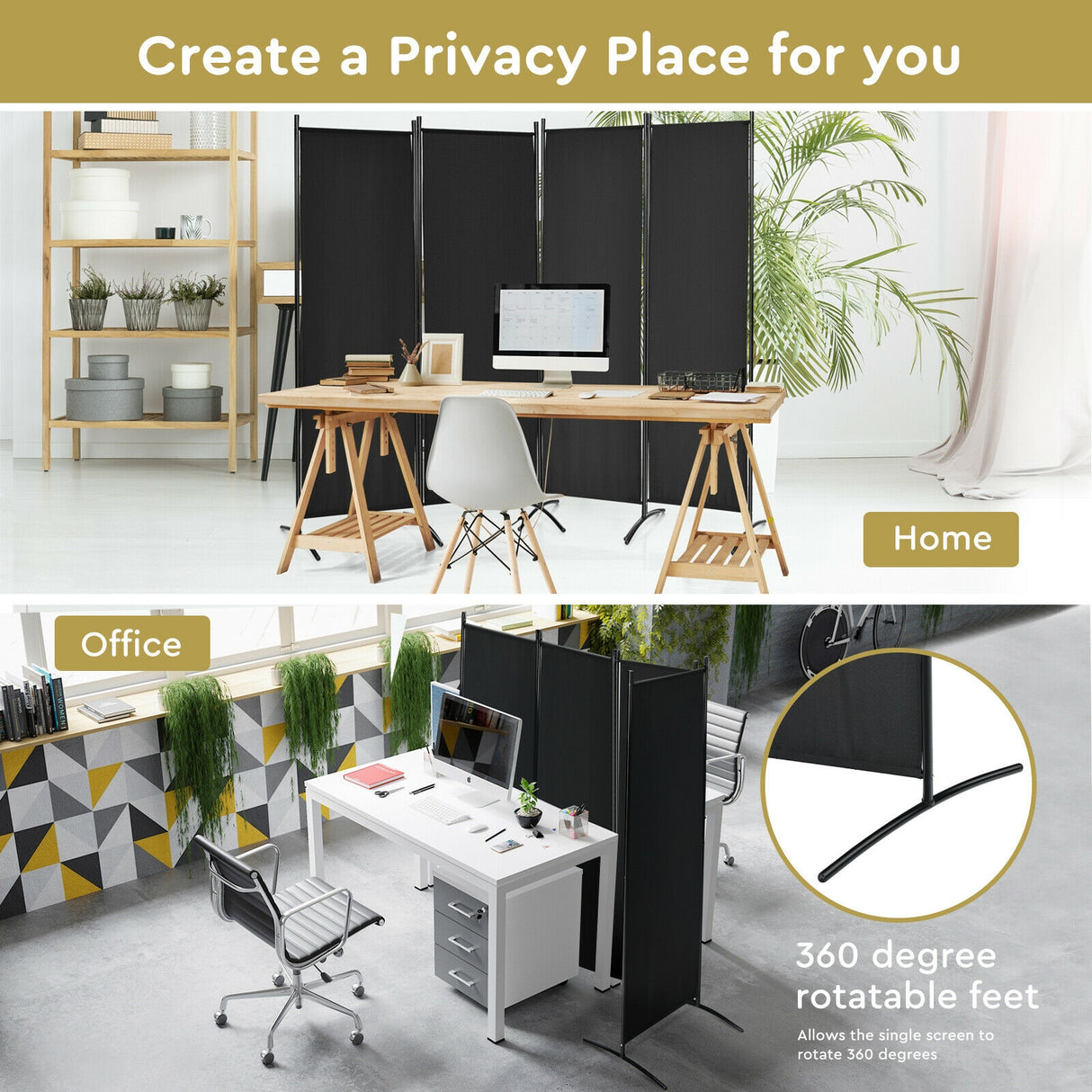 4-Panel Room Divider with Steel Frame-Black