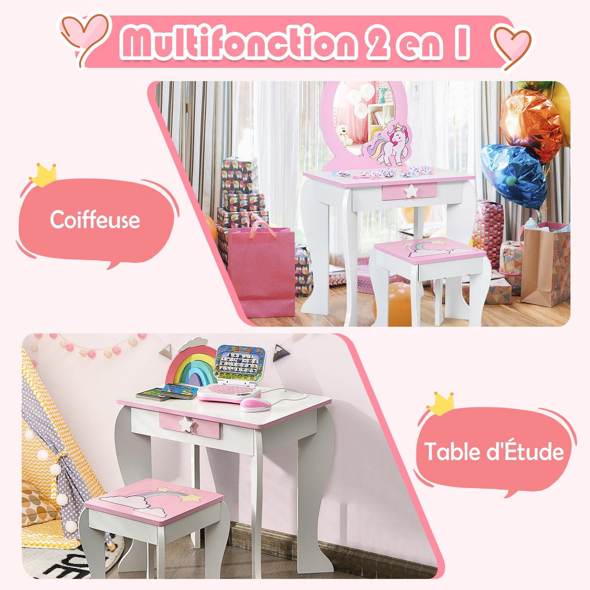 Kids Wooden Makeup Dressing Table and Chair Set with Mirror and Drawer-Pink