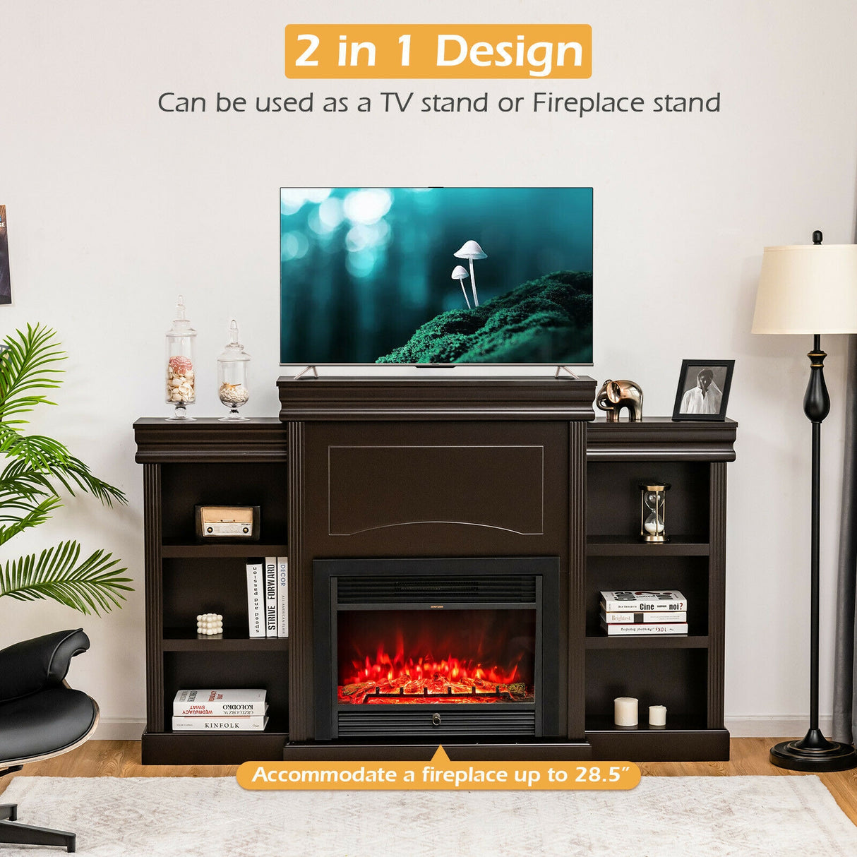 70 Inch Modern Fireplace Media Entertainment Center with Bookcase-Black