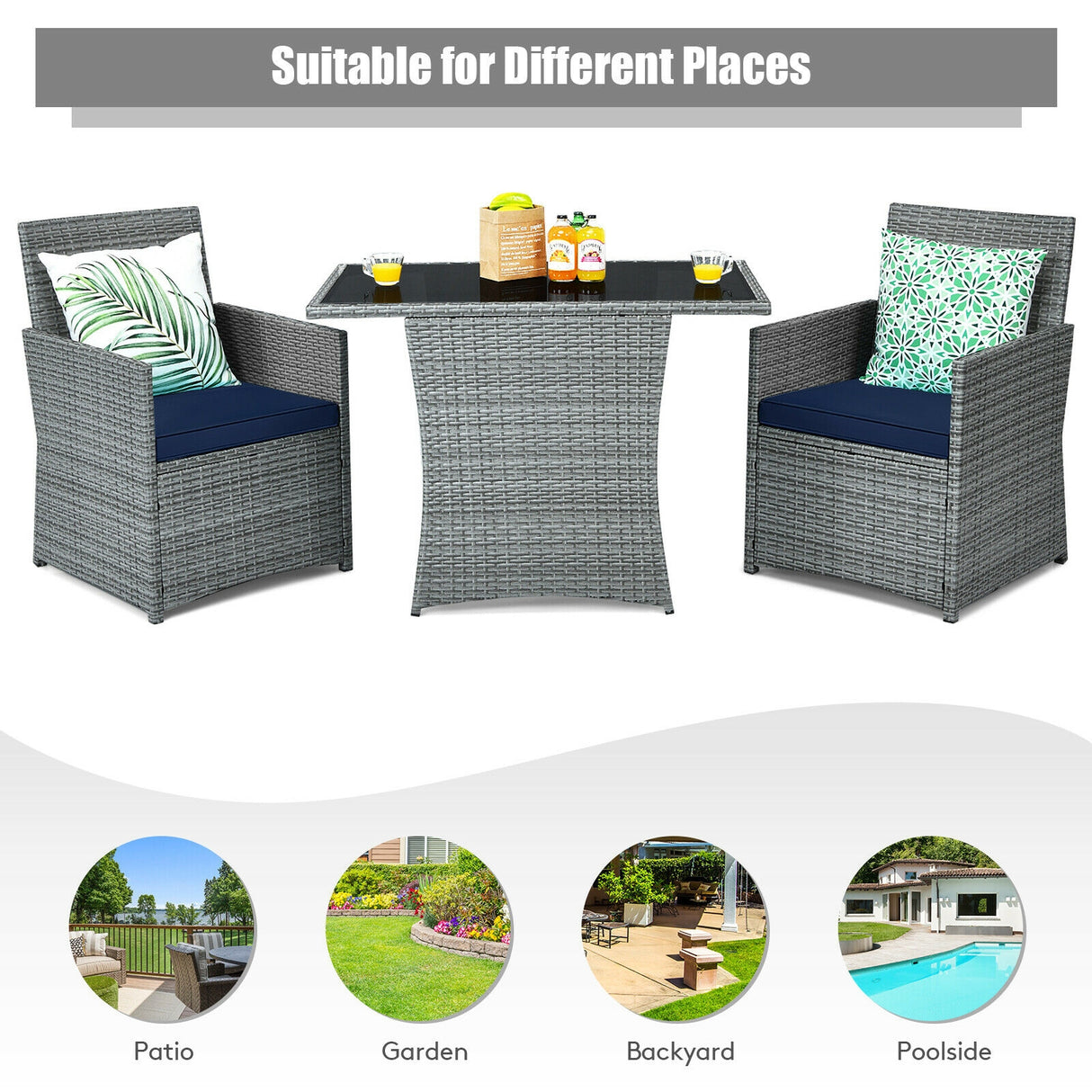 3 Pieces Patio Rattan Furniture Set with Cushioned Armrest Sofa-White
