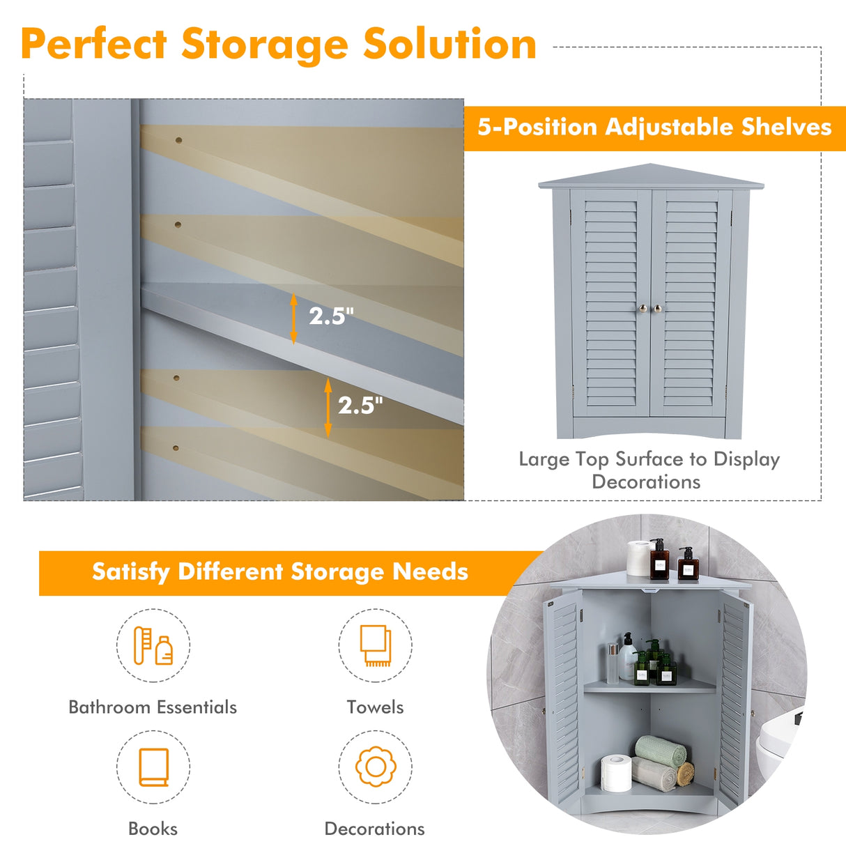 Adjustable Corner Storage Cabinet with Shutter Doors-White