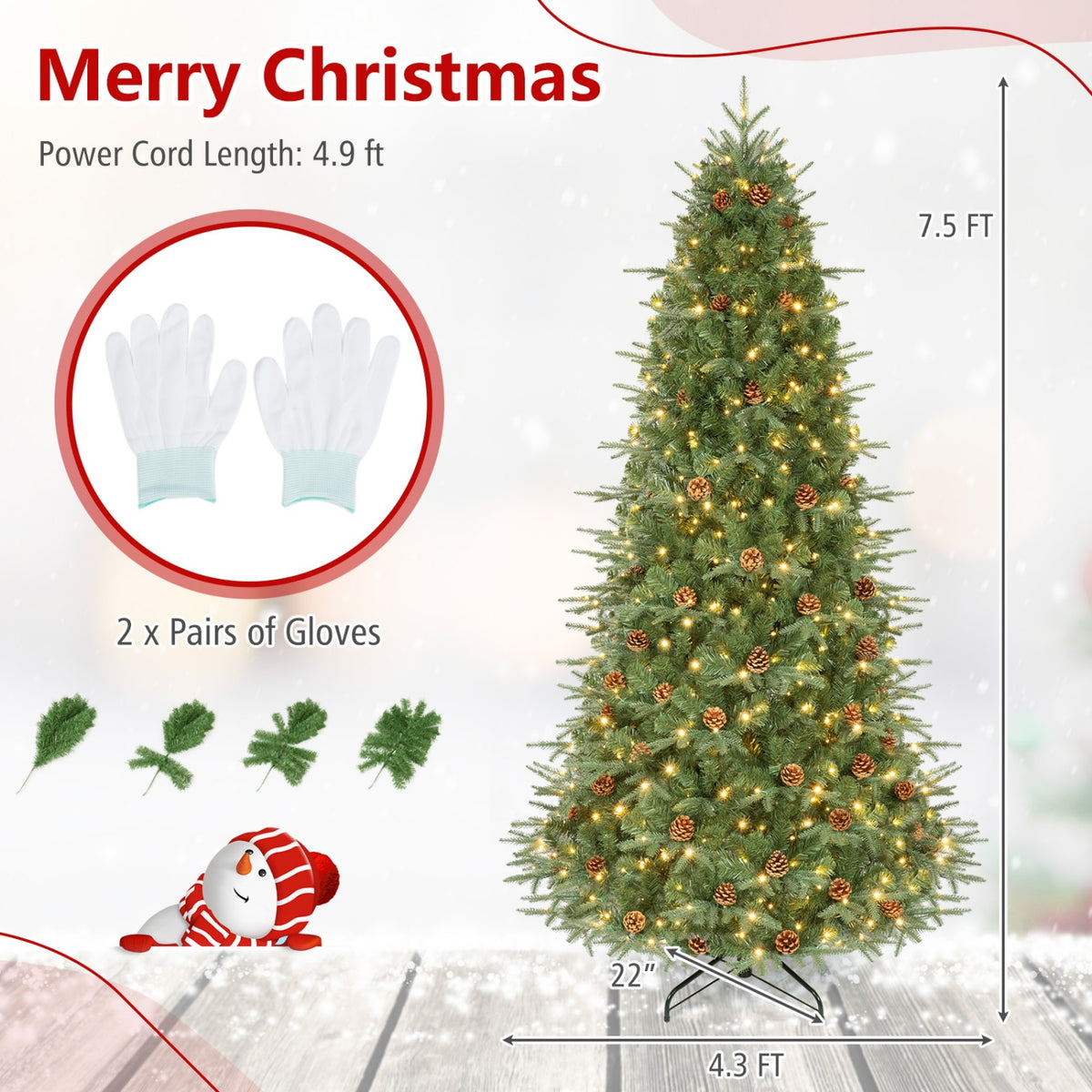 7.5 ft Artificial Christmas Tree with LED Lights and Pine Cones