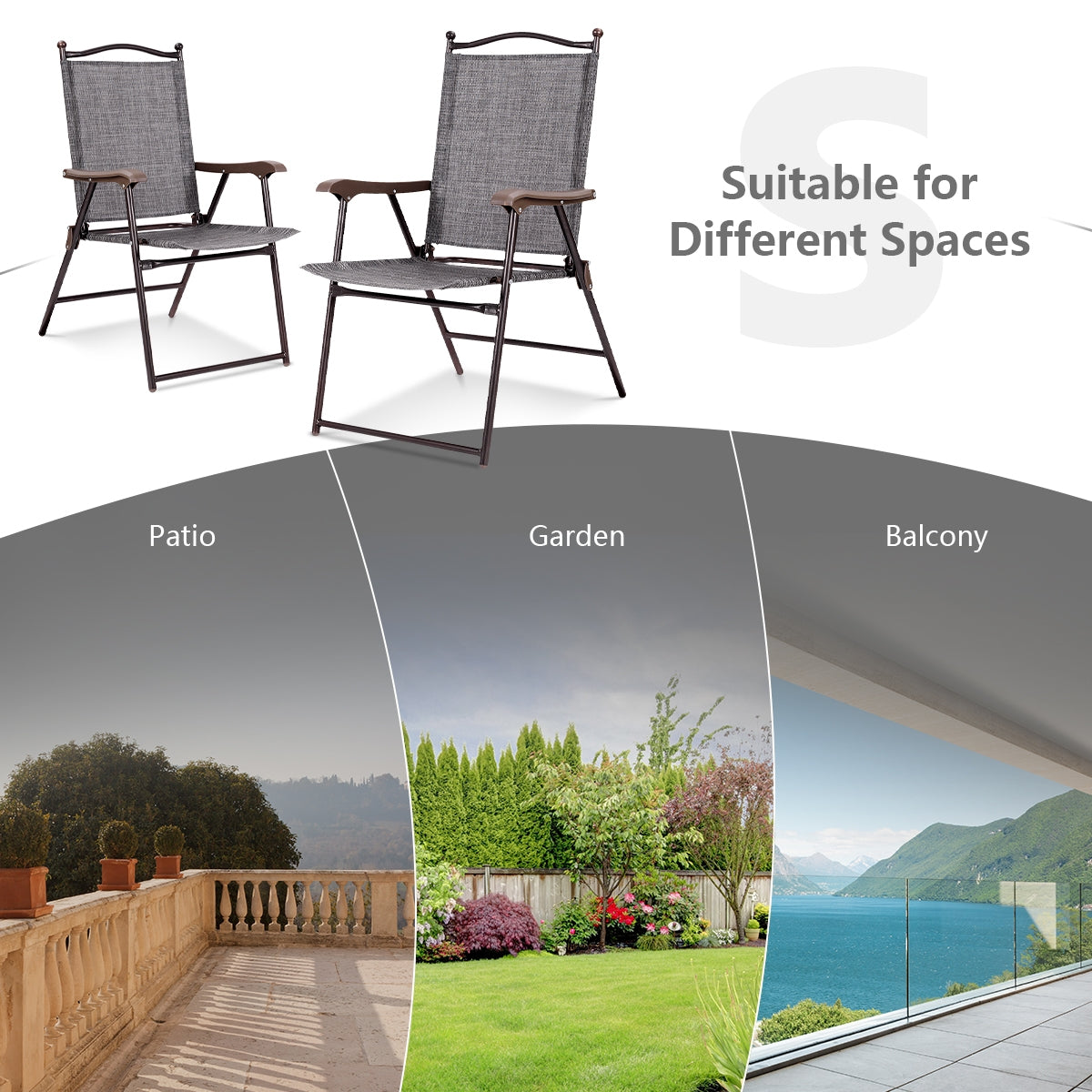 Set of 2 Patio Folding Sling Back Camping Deck Chairs-Black