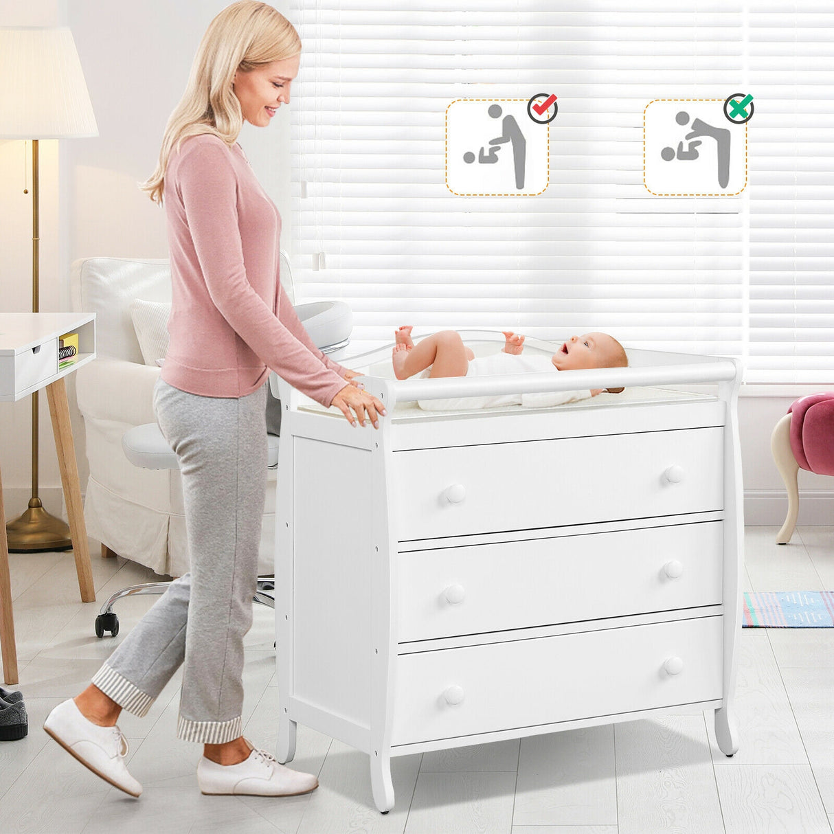 Baby Changing Table Infant Diaper with 3 Drawers and Safety Belt-Brown