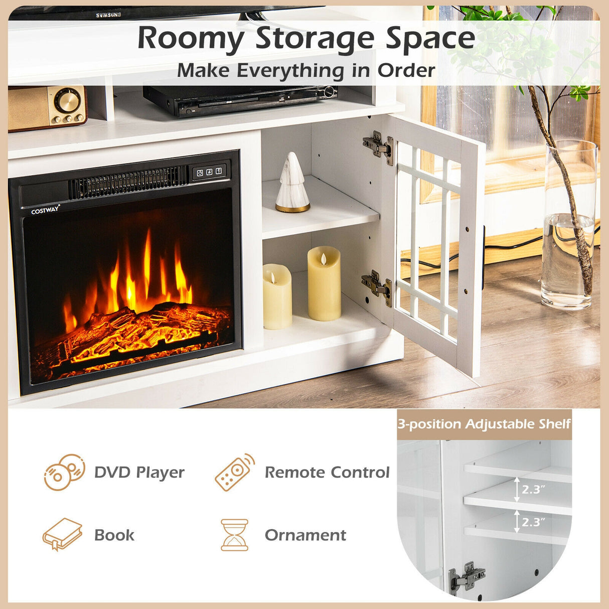 48 Inch Electric Fireplace TV Stand with Cabinets for TVs Up to 55 Inch-Black