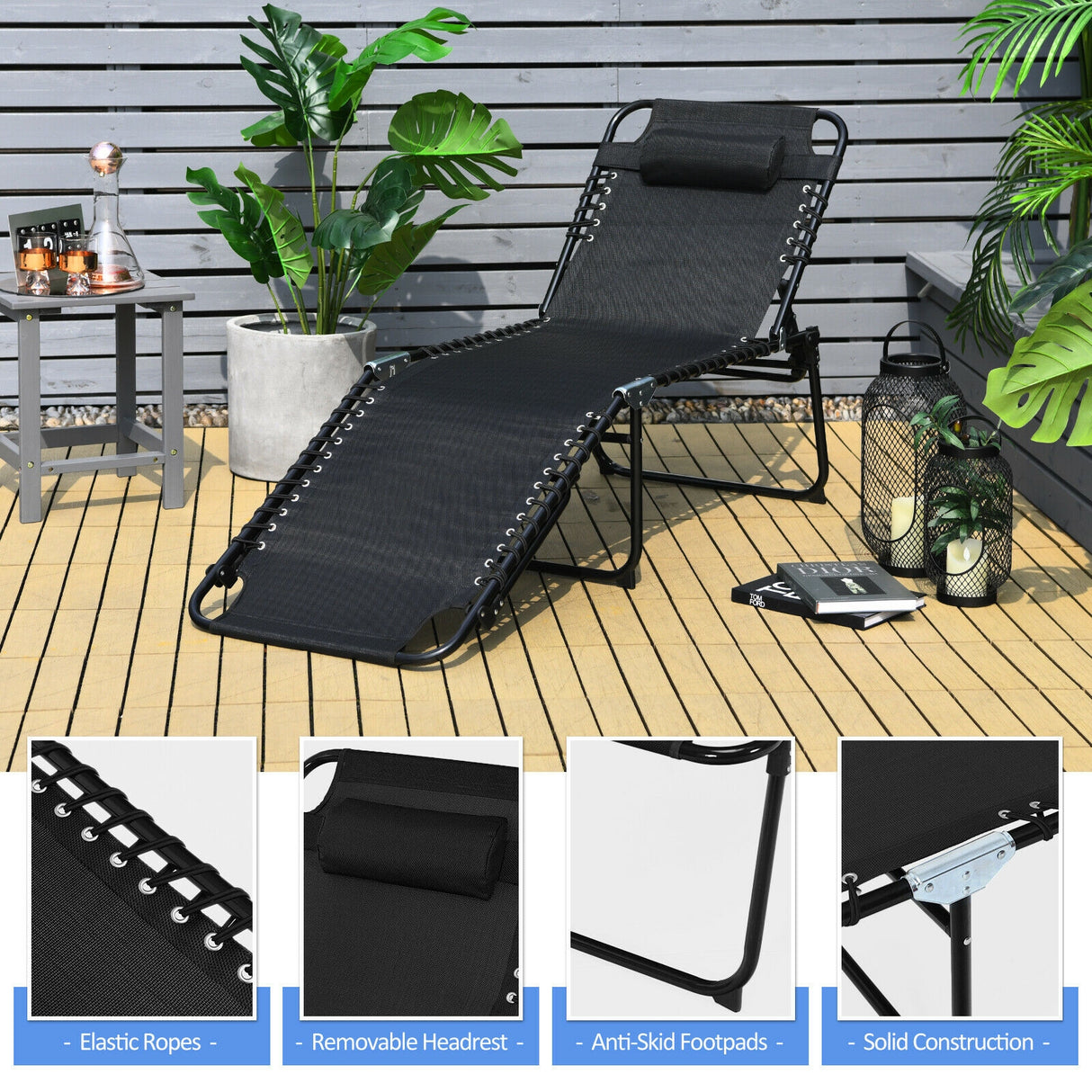 Foldable Recline Lounge Chair with Adjustable Backrest and Footrest-Gray
