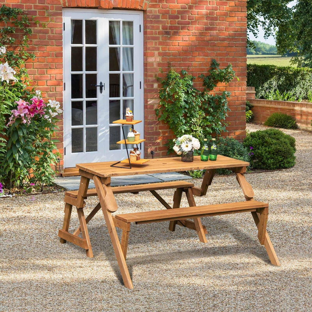 2-in-1 Transforming Interchangeable Wooden Picnic Table Bench with Umbrella Hole-Dark Brown