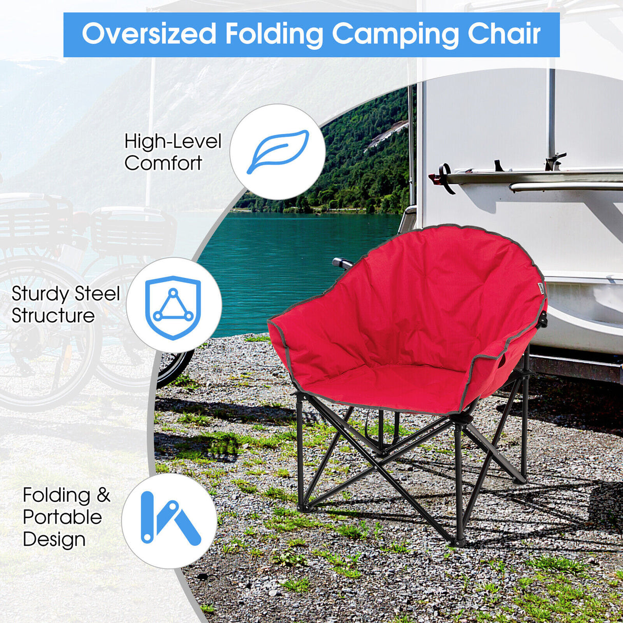 Folding Camping Moon Padded Chair with Carrying Bag-Gray