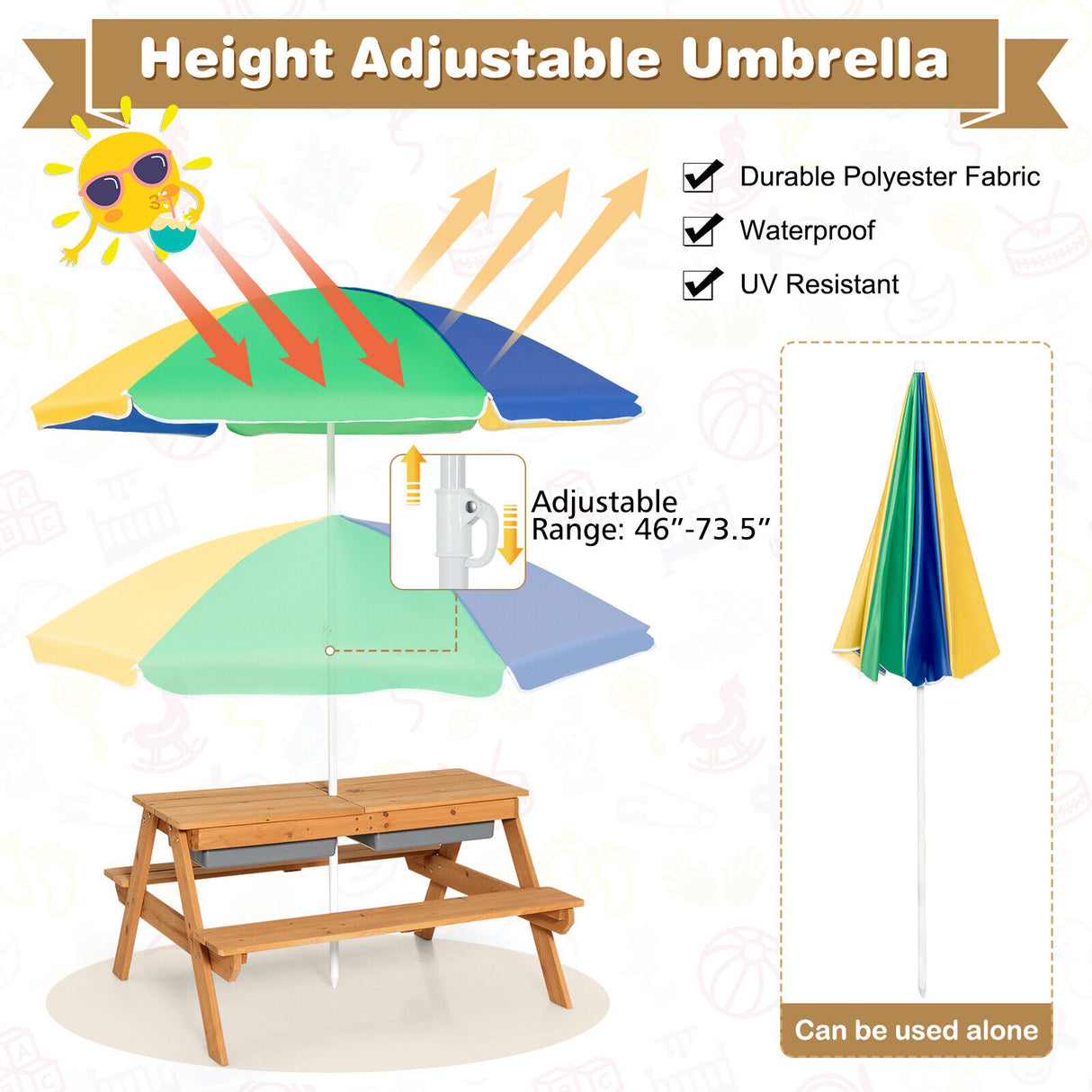 3-in-1 Kids Outdoor Picnic Water Sand Table with Umbrella Play Boxes-Green