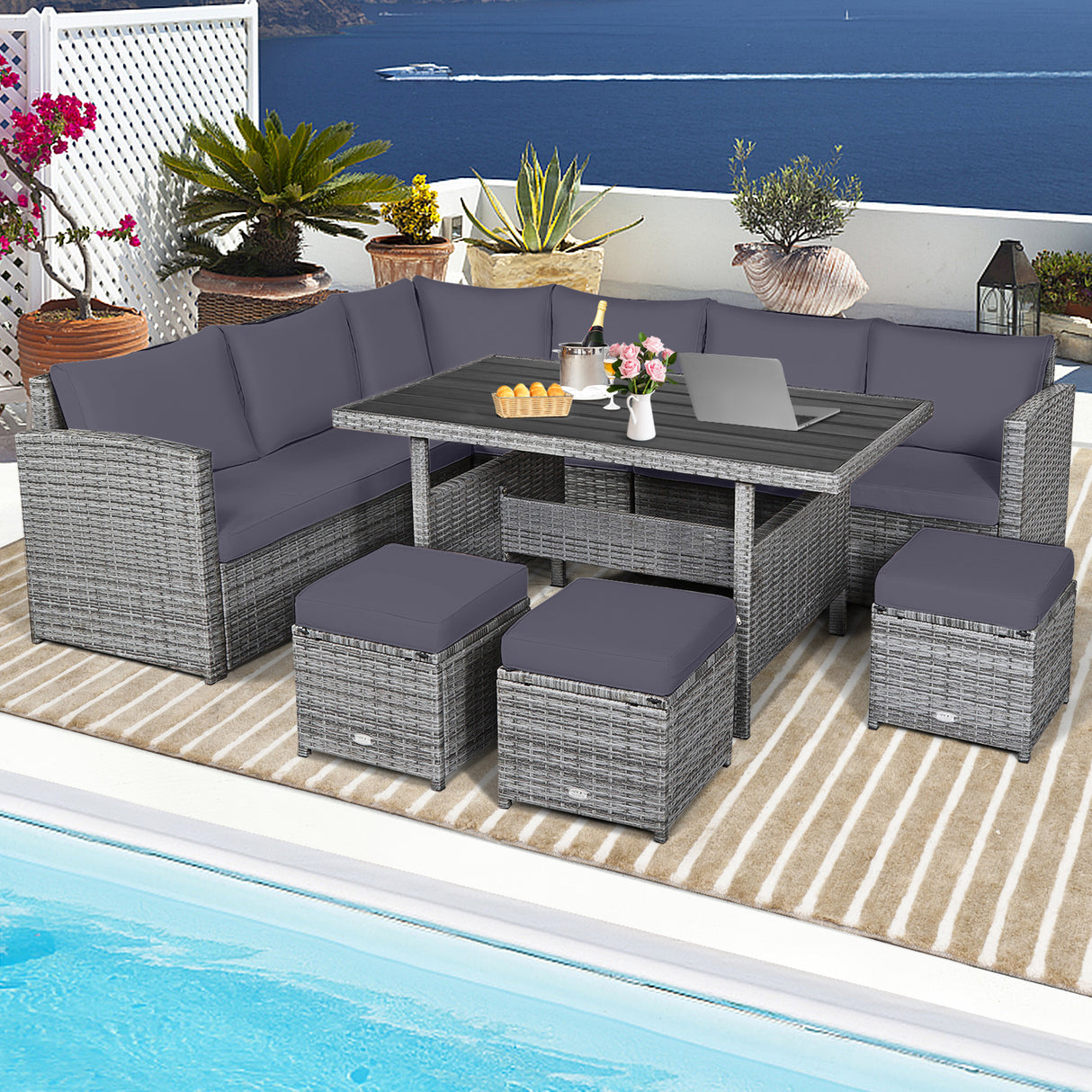 7 Pieces Patio Rattan Dining Furniture Sectional Sofa Set with Wicker Ottoman-Red