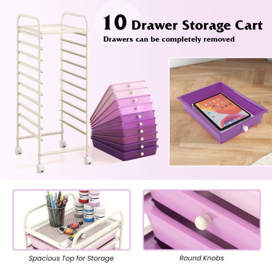 10 Drawer Rolling Storage Cart Organizer with 4 Universal Casters-Purple