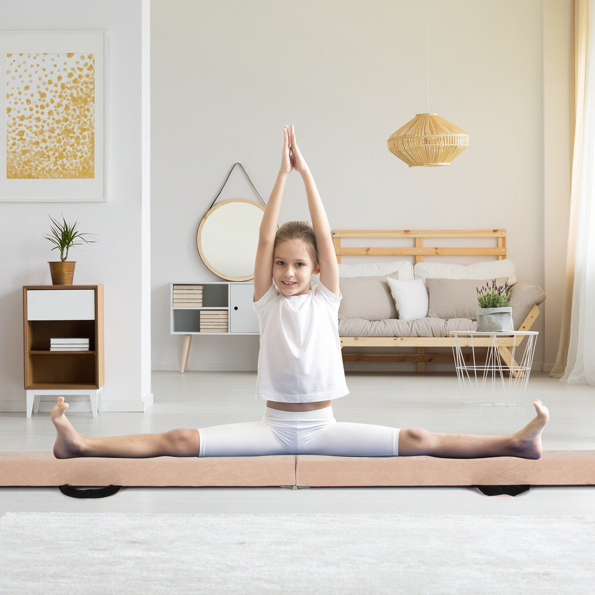 9 FT Folding Gymnastics Balance Beam with Anti-slip Base and Pine Wood Frame-Brown