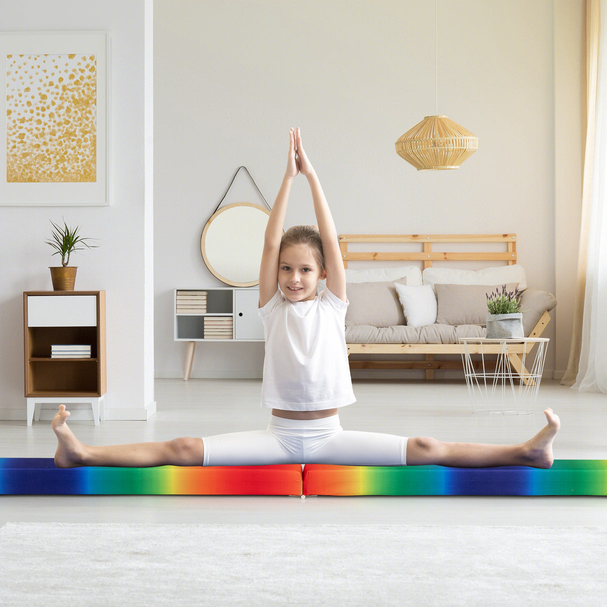 9 FT Folding Gymnastics Balance Beam with Anti-slip Base and Pine Wood Frame-Rainbow