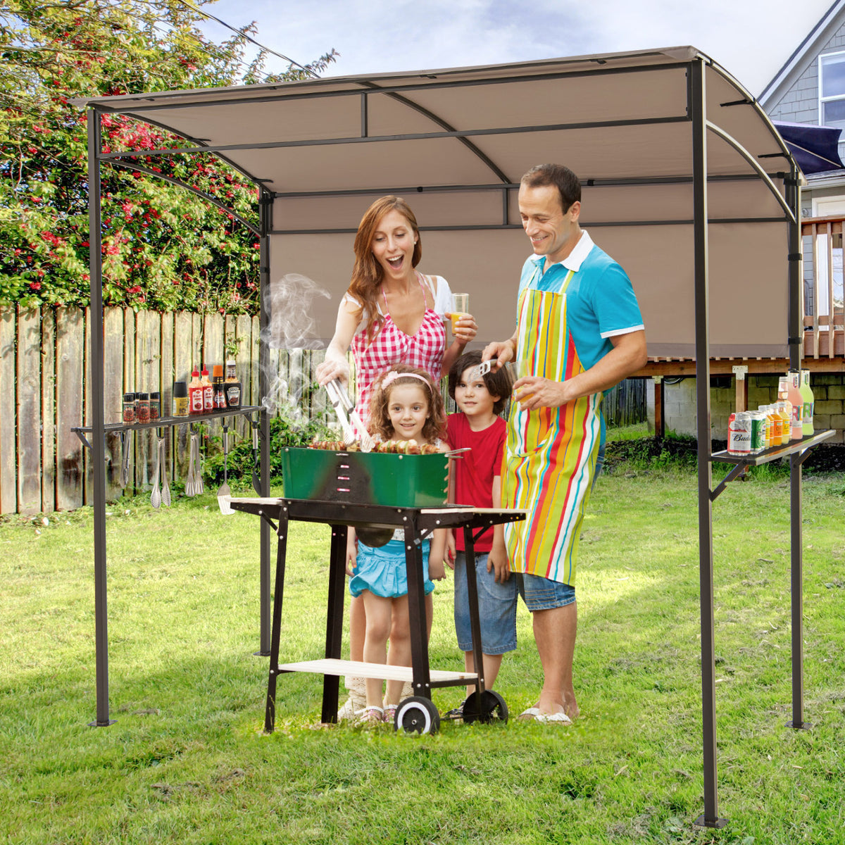 7.8 x 4.4 FT Outdoor Patio BBQ Canopy with Metal Shelves and Bottle Openers-Brown