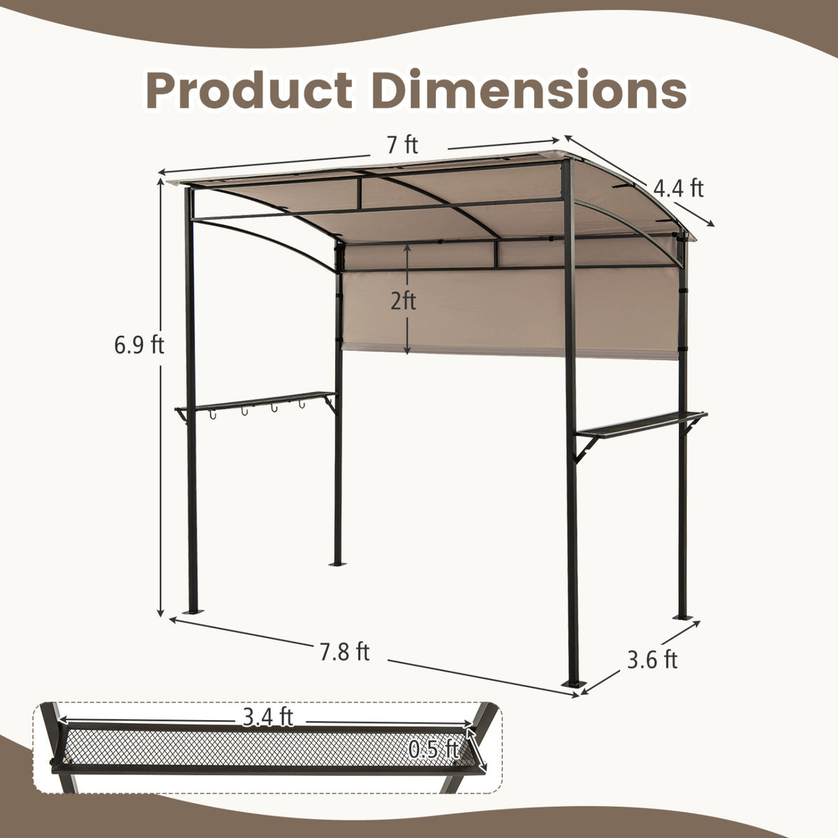 7.8 x 4.4 FT Outdoor Patio BBQ Canopy with Metal Shelves and Bottle Openers-Brown