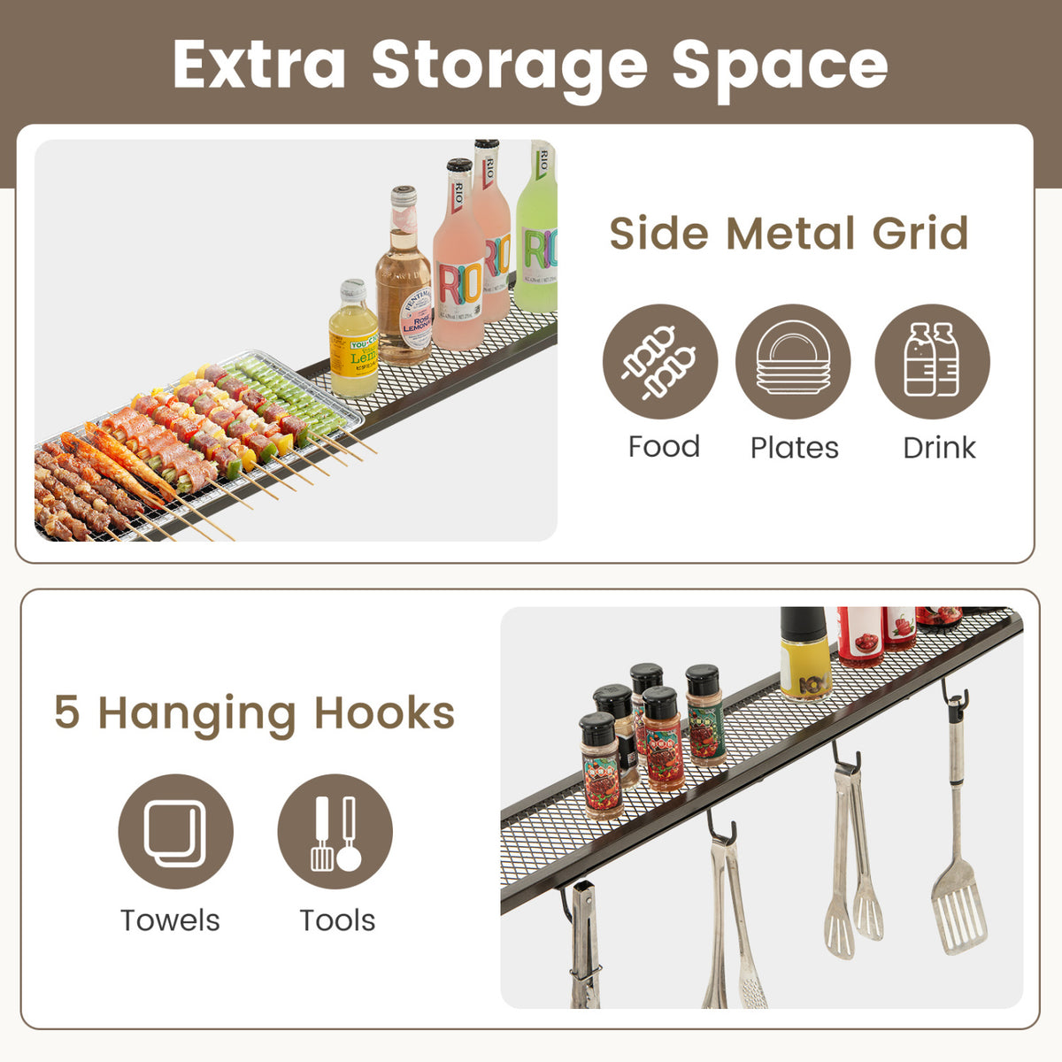 7.8 x 4.4 FT Outdoor Patio BBQ Canopy with Metal Shelves and Bottle Openers-Brown