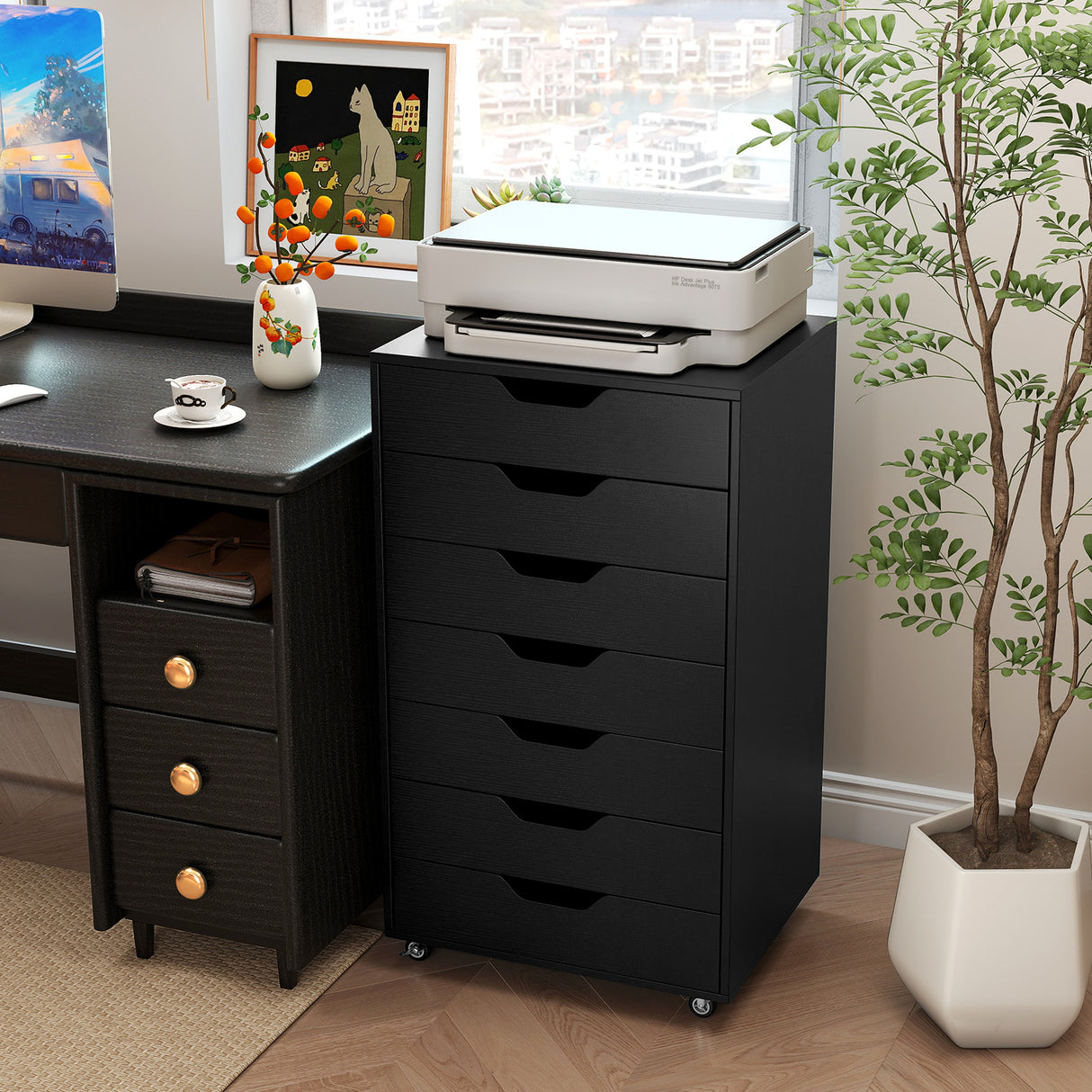 7-Drawer Chest Wooden Storage Dresser with Lockable Wheels-Black