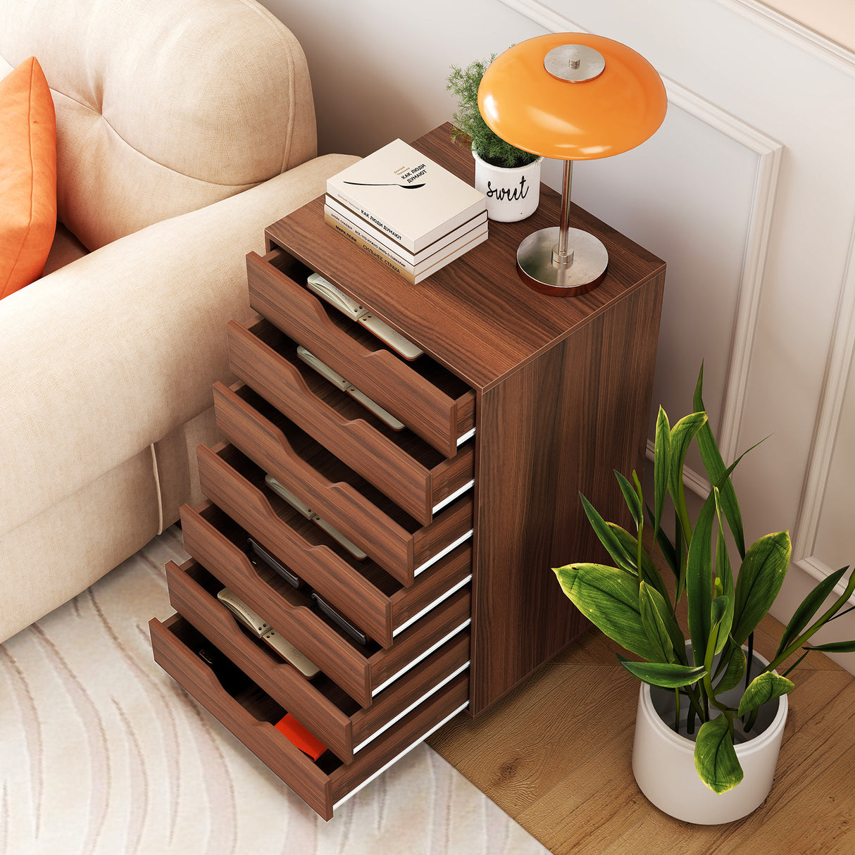 7-Drawer Chest Wooden Storage Dresser with Lockable Wheels-Walnut