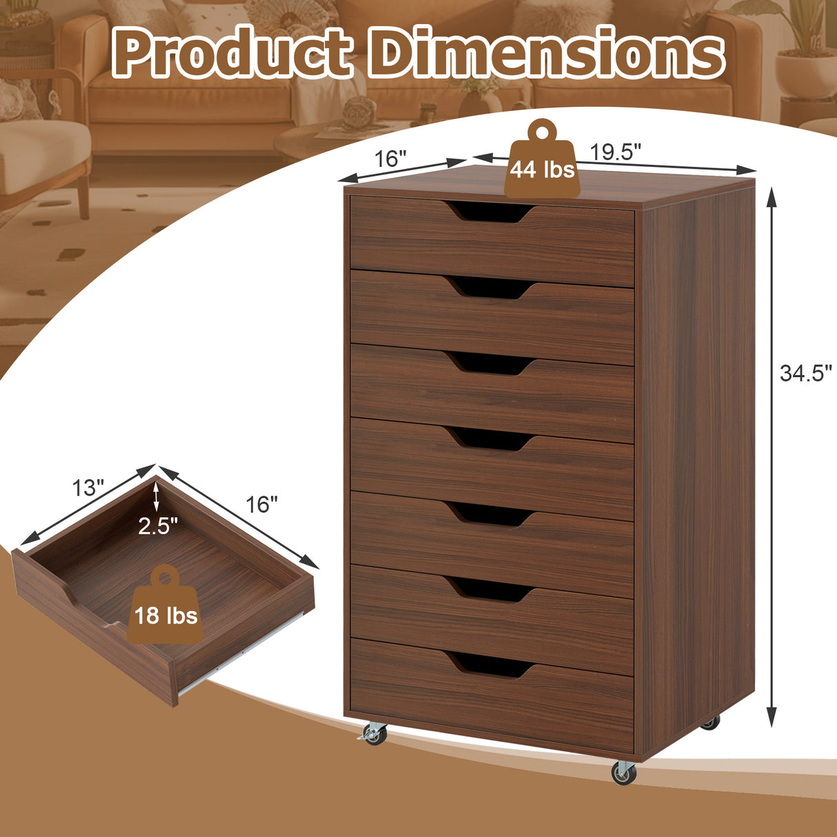 7-Drawer Chest Wooden Storage Dresser with Lockable Wheels-Walnut