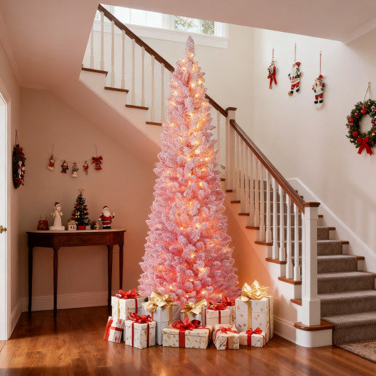 7 FTSnow-flocked Artificial Pink Christmas Tree Pre-lit Hinged Xmas Tree for Holiday Decoration