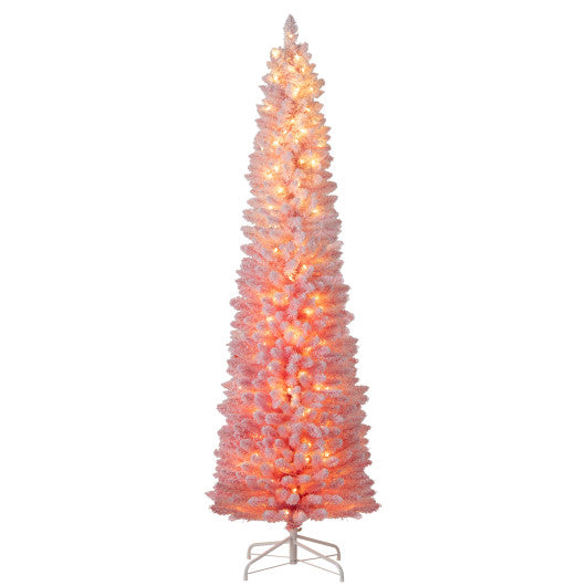 7 FTSnow-flocked Artificial Pink Christmas Tree Pre-lit Hinged Xmas Tree for Holiday Decoration