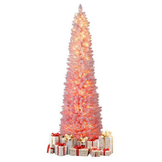7 FTSnow-flocked Artificial Pink Christmas Tree Pre-lit Hinged Xmas Tree for Holiday Decoration